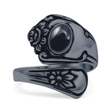 Oval Black Agate Vintage Spoon Ring Oxidized 925 Sterling Silver