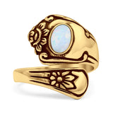 Oval Lab Created White Opal Vintage Spoon Ring Oxidized 925 Sterling Silver