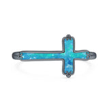 Lab Created Blue Opal Cross Ring Oxidized 925 Sterling Silver