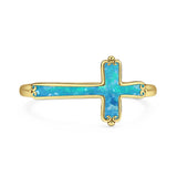 Lab Created Blue Opal Cross Ring Oxidized 925 Sterling Silver