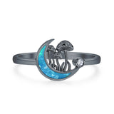 Lab Created Blue Opal Moon Mushroom Ring Oxidized 925 Sterling Silver