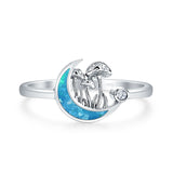Lab Created Blue Opal Moon Mushroom Ring Oxidized 925 Sterling Silver