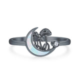 Lab Created White Opal Moon Mushroom Ring Oxidized 925 Sterling Silver