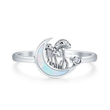 Lab Created White Opal Moon Mushroom Ring Oxidized 925 Sterling Silver