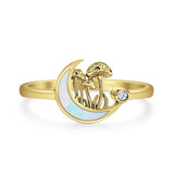Lab Created White Opal Moon Mushroom Ring Oxidized 925 Sterling Silver