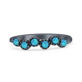 Two Stone 4mm Half Eternity Lab Created Blue Opal Band Oxidized Ring 925 Sterling Silver