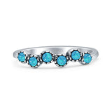 Two Stone 4mm Half Eternity Lab Created Blue Opal Band Oxidized Ring 925 Sterling Silver