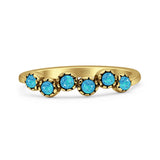 Two Stone 4mm Half Eternity Lab Created Blue Opal Band Oxidized Ring 925 Sterling Silver
