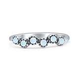 Two Stone 4mm Half Eternity Lab Created White Opal Band Oxidized Ring 925 Sterling Silver