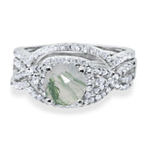 Three Piece Round Natural Green Moss Agate Infinity Shank Ring 925 Sterling Silver