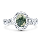 Vintage Style Oval Natural Green Moss Agate Infinity Shank Ring 925 Sterling Silver