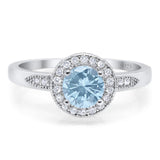 Art Deco Round Natural Aquamarine Halo Wedding Ring 925 Sterling Silver