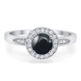 Art Deco Round Natural Black Onyx Halo Wedding Ring 925 Sterling Silver