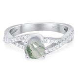 Vintage Style Round Natural Green Moss Agate Twisted Ring 925 Sterling Silver