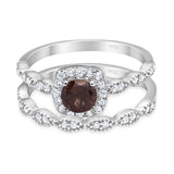 Two Piece Round Natural Chocolate Smoky Quartz Bridal Set Ring 925 Sterling Silver