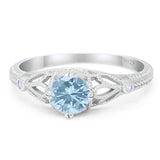 Round Natural Aquamarine Leaf Vintage Style Ring 925 Sterling Silver