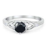 Round Natural Black Onyx Leaf Vintage Style Ring 925 Sterling Silver