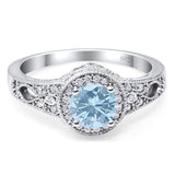 Art Deco Round Natural Aquamarine Hidden Halo Wedding Ring 925 Sterling Silver