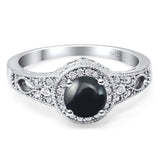 Art Deco Round Natural Black Onyx Hidden Halo Wedding Ring 925 Sterling Silver