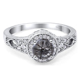 Art Deco Round Natural Rutilated Quartz Hidden Halo Wedding Ring 925 Sterling Silver