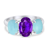 Three Stone Oval Natural Amethyst Trio Ring 925 Sterling Silver