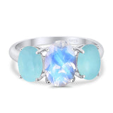 Three Stone Oval Natural Moonstone Trio Ring 925 Sterling Silver