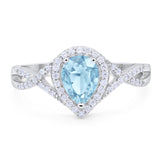 Halo Teardrop Pear Natural Aquamarine Infinity Twisted Ring 925 Sterling Silver