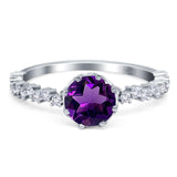 Round Natural Amethyst Classic Art Deco Ring 925 Sterling Silver