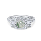 Art Deco Round Natural Green Moss Agate Halo Princess Cut 925 Sterling Silver