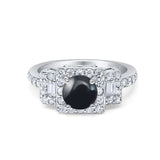 Art Deco Round Natural Black Onyx Halo Princess Cut 925 Sterling Silver