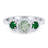 Three Stone Round Natural Green Amethyst Prasiolite Art Deco Ring 925 Sterling Silver