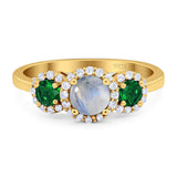 Three Stone Round Natural Stone Wedding Ring