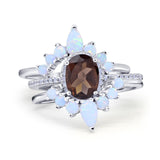 Three Piece Oval Natural Chocolate Smoky Quartz Chevron Ring 925 Sterling Silver