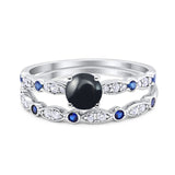 Two Piece Round Natural Black Onyx Ring Wedding Band 925 Sterling Silver