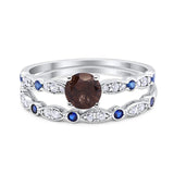 Two Piece Round Natural Chocolate Smoky Quartz Ring Wedding Band 925 Sterling Silver