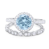 Two Piece Round Natural Aquamarine Wedding Set Ring 925 Sterling Silver