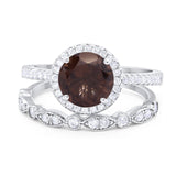Two Piece Round Natural Chocolate Smoky Quartz Wedding Set Ring 925 Sterling Silver
