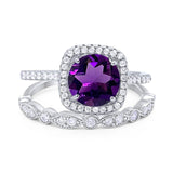 Two Piece Round Natural Amethyst Halo Bridal Ring 925 Sterling Silver