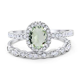Two Piece Oval Natural Green Amethyst Prasiolite Wedding Set Ring 925 Sterling Silver