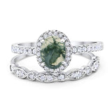 Two Piece Oval Natural Green Moss Agate Wedding Set Ring 925 Sterling Silver