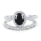 Two Piece Oval Natural Black Onyx Wedding Set Ring 925 Sterling Silver