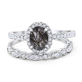 Two Piece Oval Natural Rutilated Quartz Wedding Set Ring 925 Sterling Silver