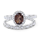 Two Piece Oval Natural Chocolate Smoky Quartz Wedding Set Ring 925 Sterling Silver