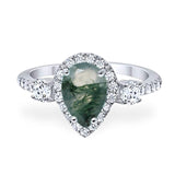 Three Stone Pear Teardrop Natural Green Moss Agate Halo Ring 925 Sterling Silver