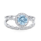 Two Piece Round Natural Aquamarine Flower Ring 925 Sterling Silver