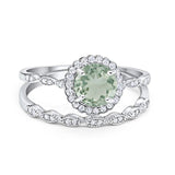 Two Piece Round Natural Green Amethyst Prasiolite Flower Ring 925 Sterling Silver