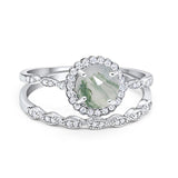Two Piece Round Natural Green Moss Agate Flower Ring 925 Sterling Silver
