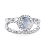 Two Piece Round Natural Moonstone Flower Ring 925 Sterling Silver