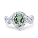Pear Teardrop Natural Green Amethyst Prasiolite Infinity Twisted Ring 925 Sterling Silver