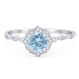 Art Deco Round Natural Aquamarine Floral Vintage Style Ring 925 Sterling Silver